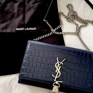 YSL Kate Croc Embossed Leather Tassel Shoulder Bag